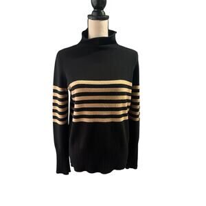 French Connection Wmns Black Brown Stripe Mock Neck Ribbed Sweater Sz M Classic